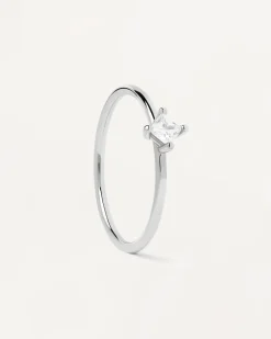 Joyas Con Diamantes|Joyas De Oro Blanco 18K-PDPAOLA Anillo Solitario con Diamante Cuadrado Y Oro Blanco